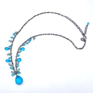 Sparkling Blue Crystal Teardrop‎ Dangle Necklace Silver Tone Chain Adjustable